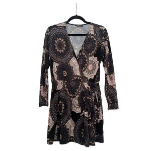 Abbeline Faux Wrap Long Sleeve Navy and Beige Mandala Dress, Size M